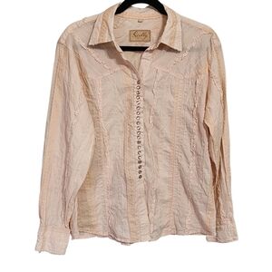 Scully Peach Ruffle Lace Pearl Snap Top XL Western Boho Cowgirl Romantic